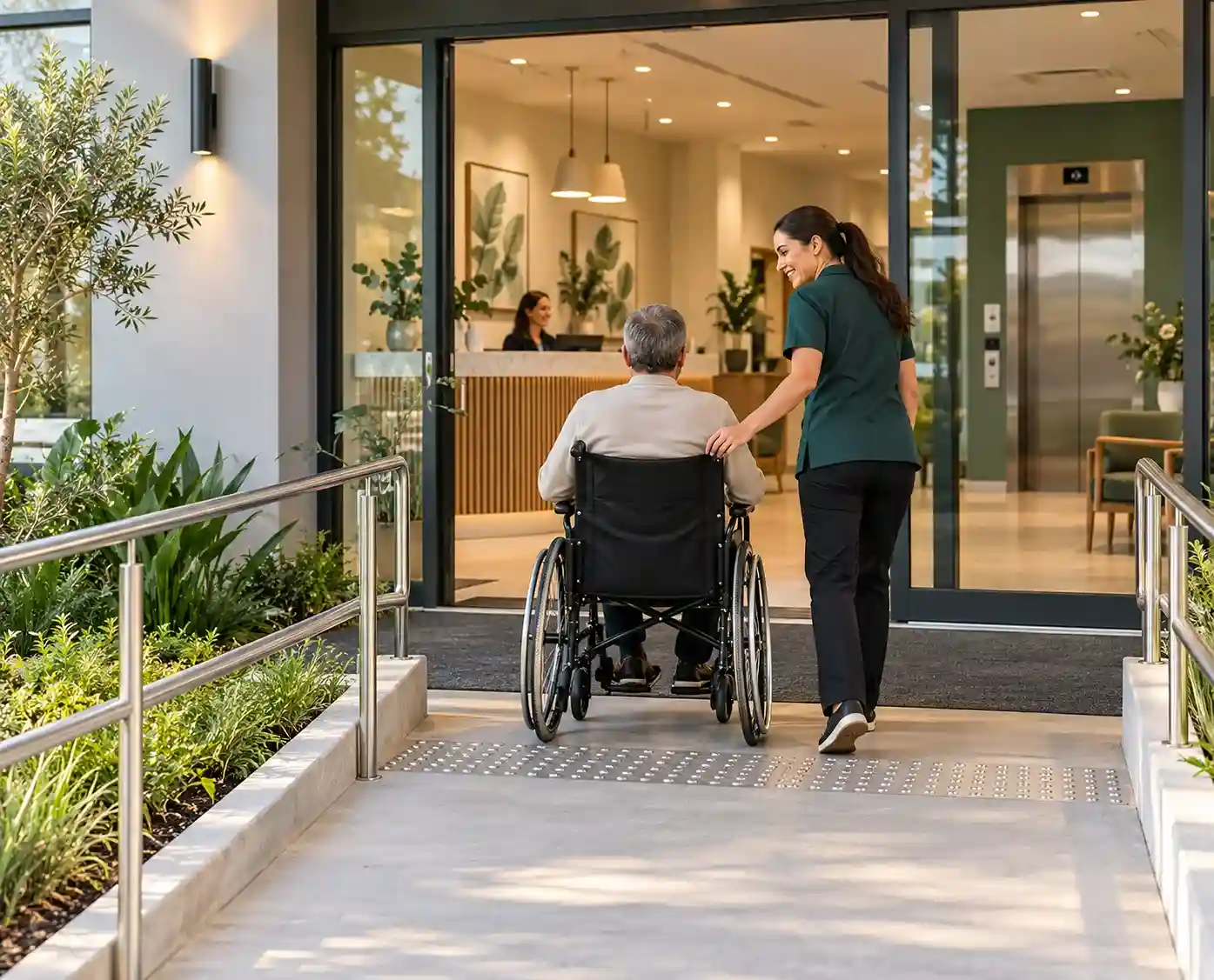 Accessible entrance at Injurease Recovery Clinic Lakemba with staff assisting a wheelchair user into the clinic