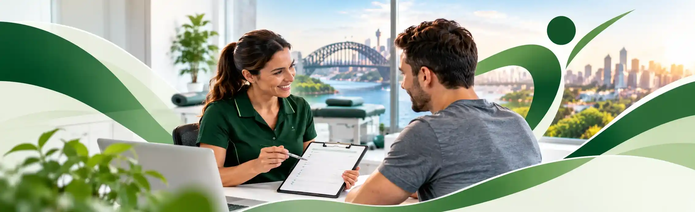 Injurease clinician discussing an injury assessment and recovery plan with a patient in a Sydney clinic.