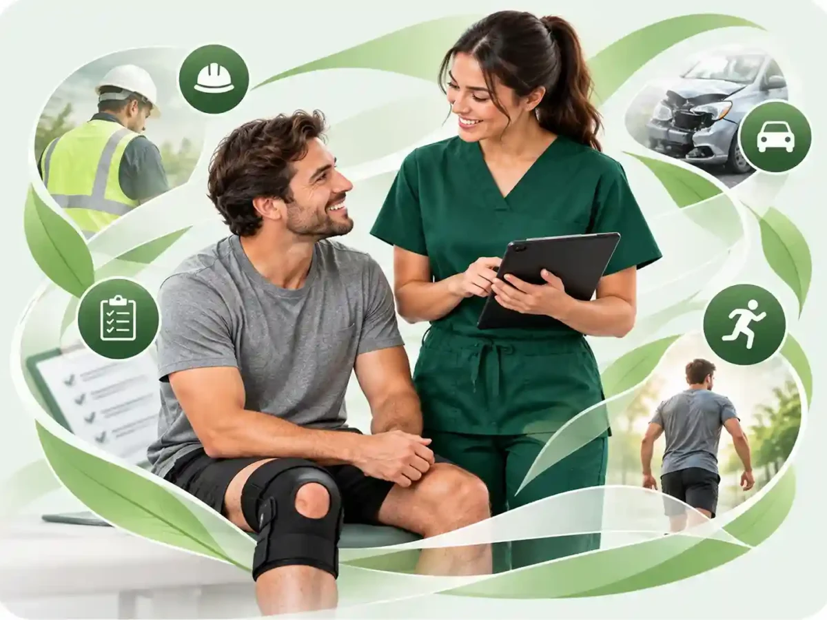 Injurease clinician supporting a patient through workplace and motor vehicle injury assessment, treatment and recovery planning.