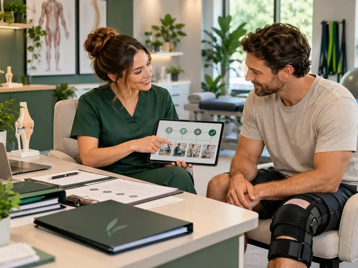 Injurease clinician explaining a clear injury recovery pathway to a patient during a rehabilitation consultation in Sydney.