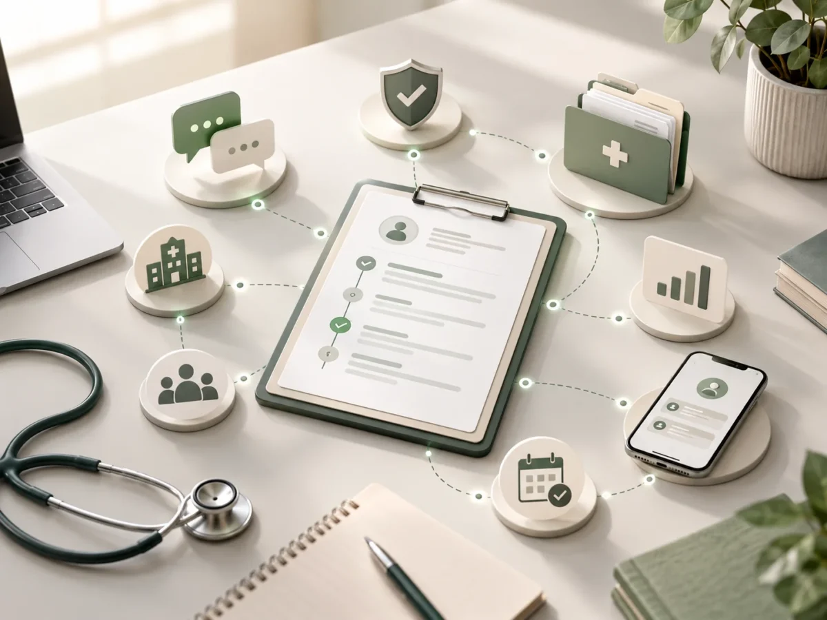 Collaborative healthcare communication system showing clinical information sharing, patient consent and coordinated injury recovery management.