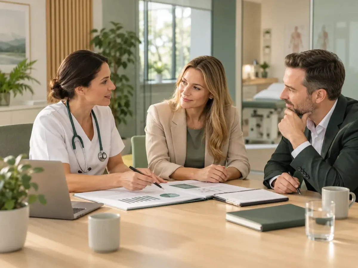 Healthcare professional meeting with employer representatives to plan an ongoing occupational health and workforce injury management partnership.