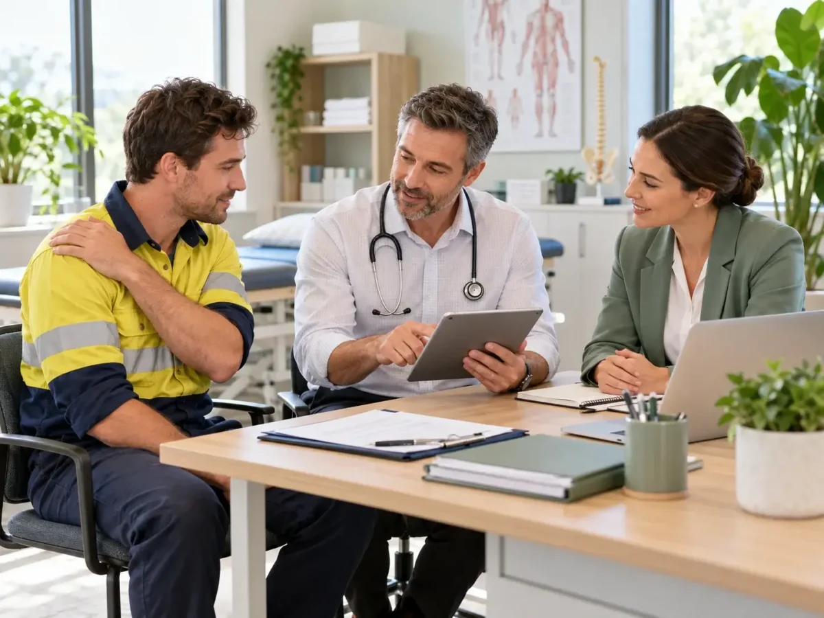 Injured employee discussing workplace injury assessment, treatment coordination and return-to-work planning with a GP and HR representative.