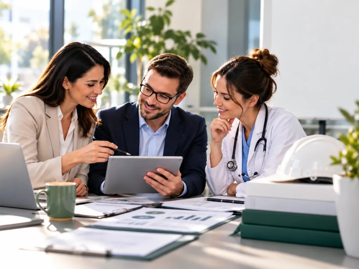 HR representative, workplace health professional and doctor reviewing occupational health and injury management plans for employees.