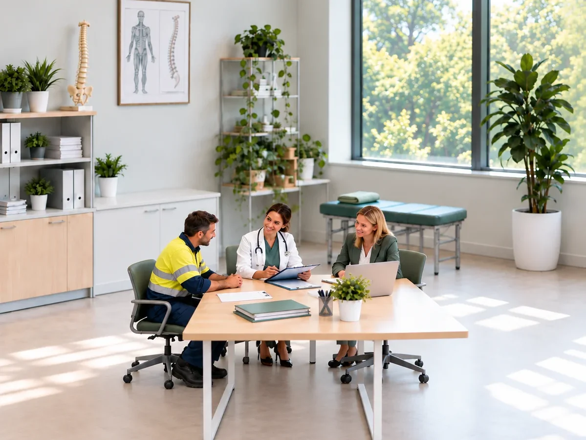 Employer, healthcare professional and HR representative discussing workplace injury management and occupational health support.
