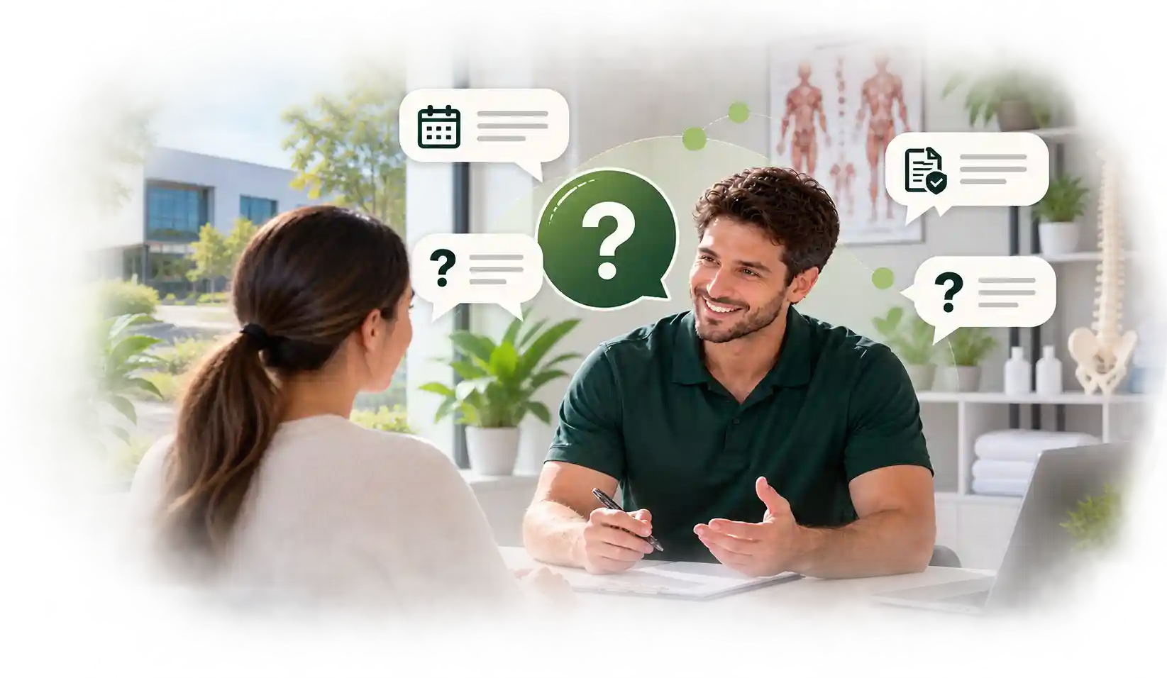 Patient discussing common injury recovery questions with an Injurease clinician during a consultation.