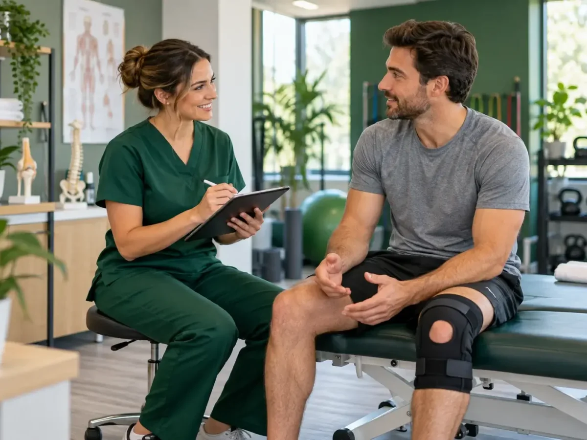 Clinician conducting an initial injury assessment with a patient at Injurease Recovery Clinic in Sydney.