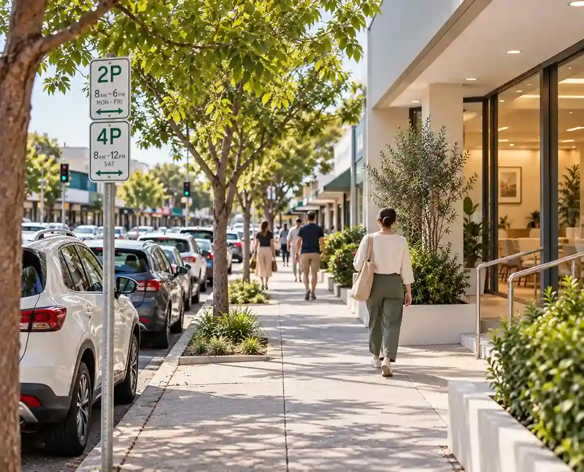 Illustrative view representing timed street parking and pedestrian access near Injurease Lakemba Clinic