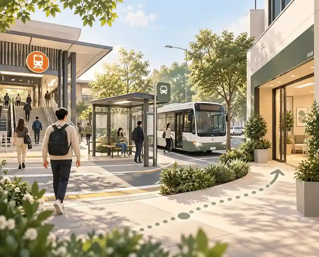 Illustrative public transport access showing train, bus and walking connections for patients travelling to Injurease Lakemba Clinic.