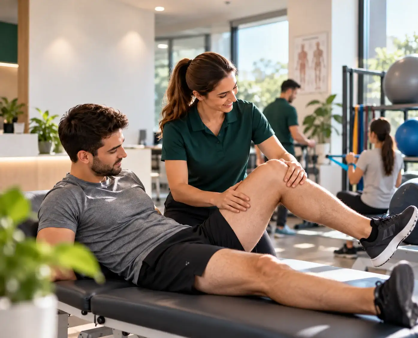 Clinician assessing a patient’s knee during specialist injury recovery treatment at Injurease Lakemba Clinic.