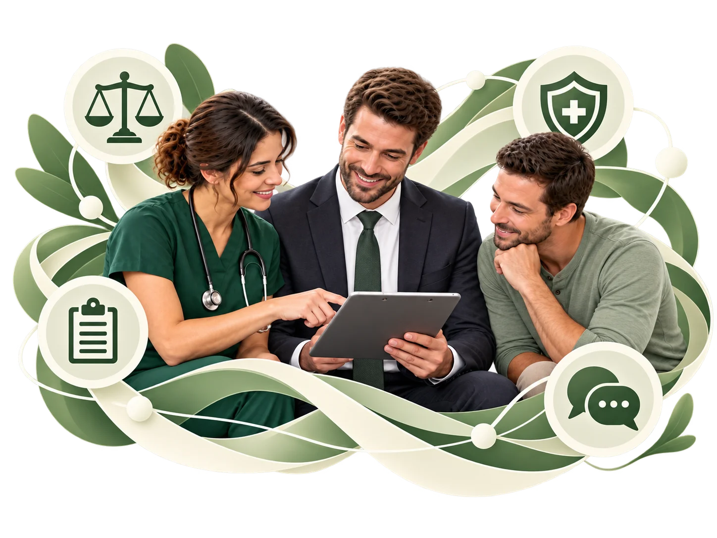 Clinician, legal professional and patient reviewing coordinated medical care and injury recovery information together.