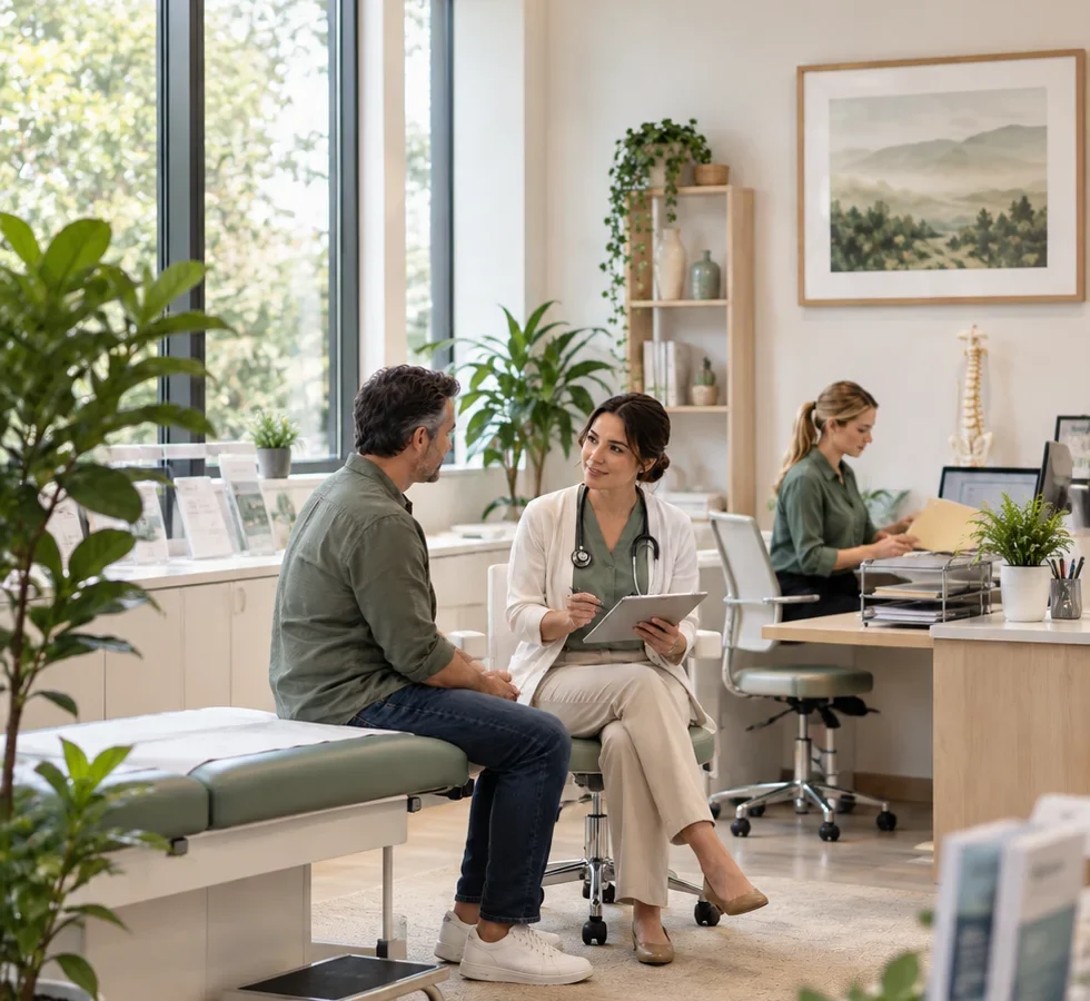 Clinician consulting with a referred client while coordinating injury recovery care and clinical documentation.
