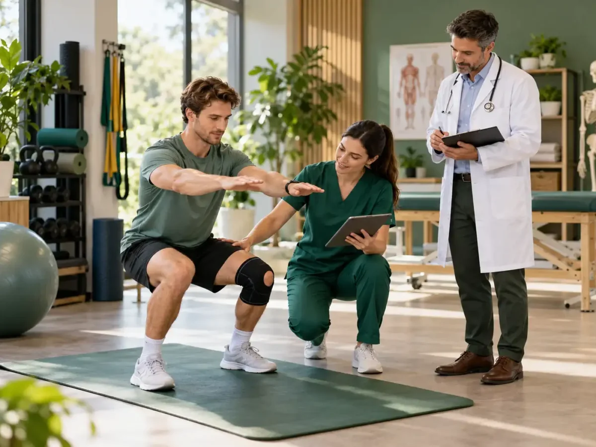 Injurease clinician and doctor reviewing a patient’s functional progress during ongoing injury recovery management.