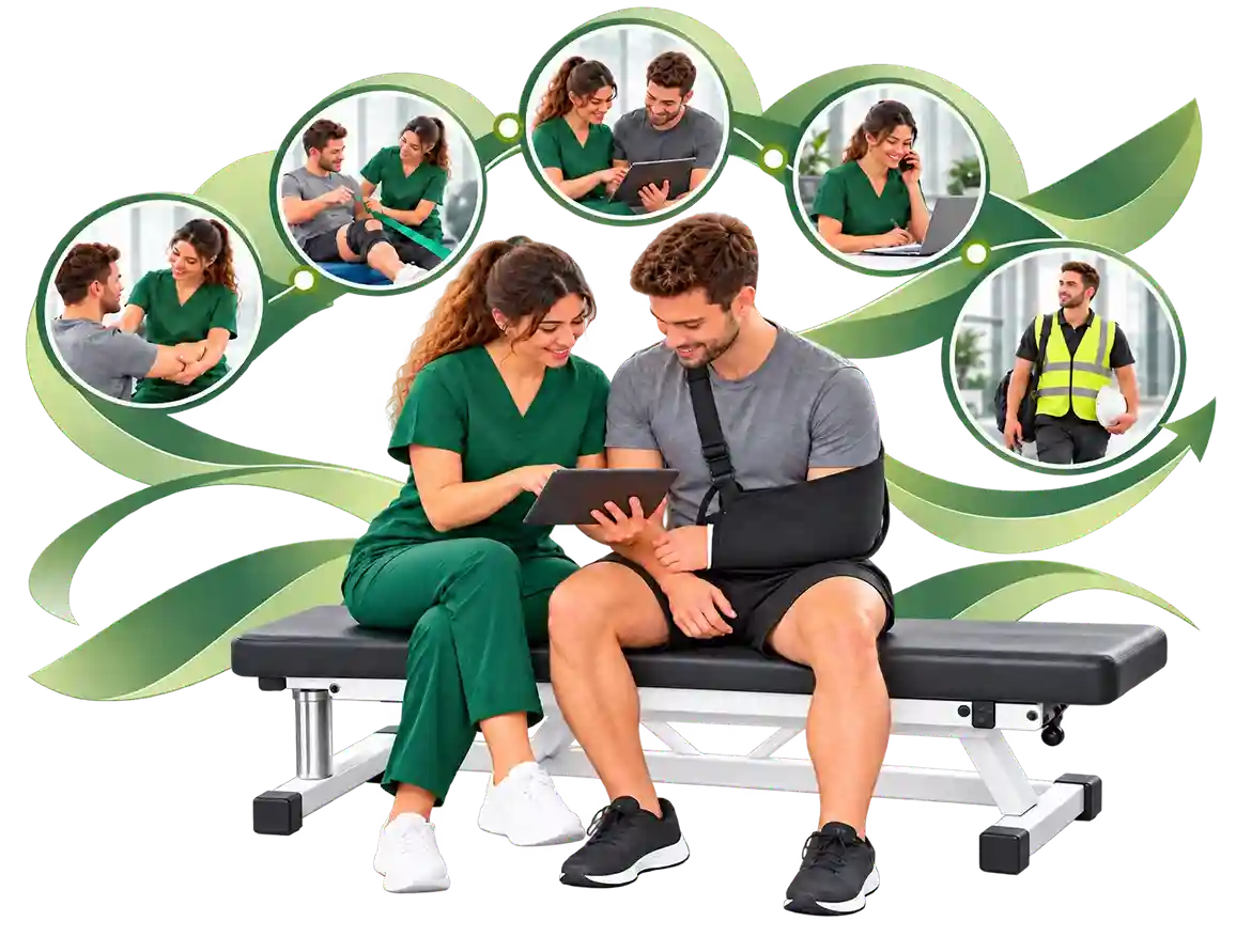 Injurease patient journey showing step-by-step injury recovery from assessment and treatment through rehabilitation and return to work.
