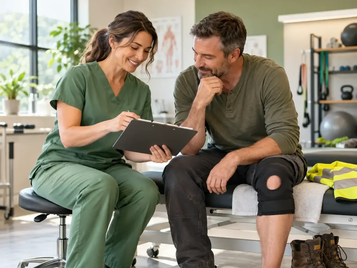 Injurease clinician providing practical recovery guidance to an injured worker following a workplace injury.