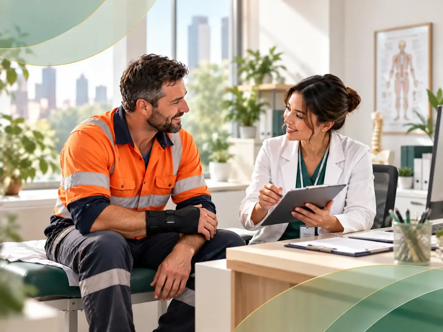 Occupational health doctor consulting with an injured worker about workplace injury treatment and recovery planning.