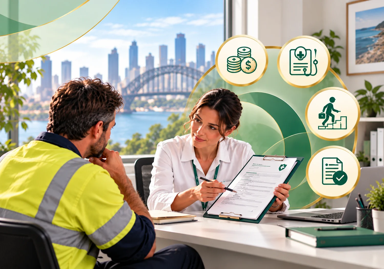 Injured worker receiving guidance on medical treatment, recovery planning and NSW workers compensation requirements.