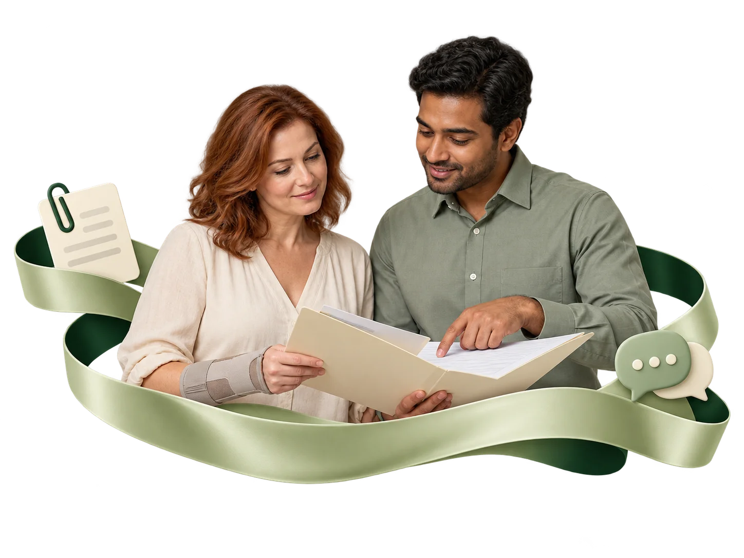 A support coordinator helping a patient wearing a wrist brace review documents in a folder, with document and communication symbols.