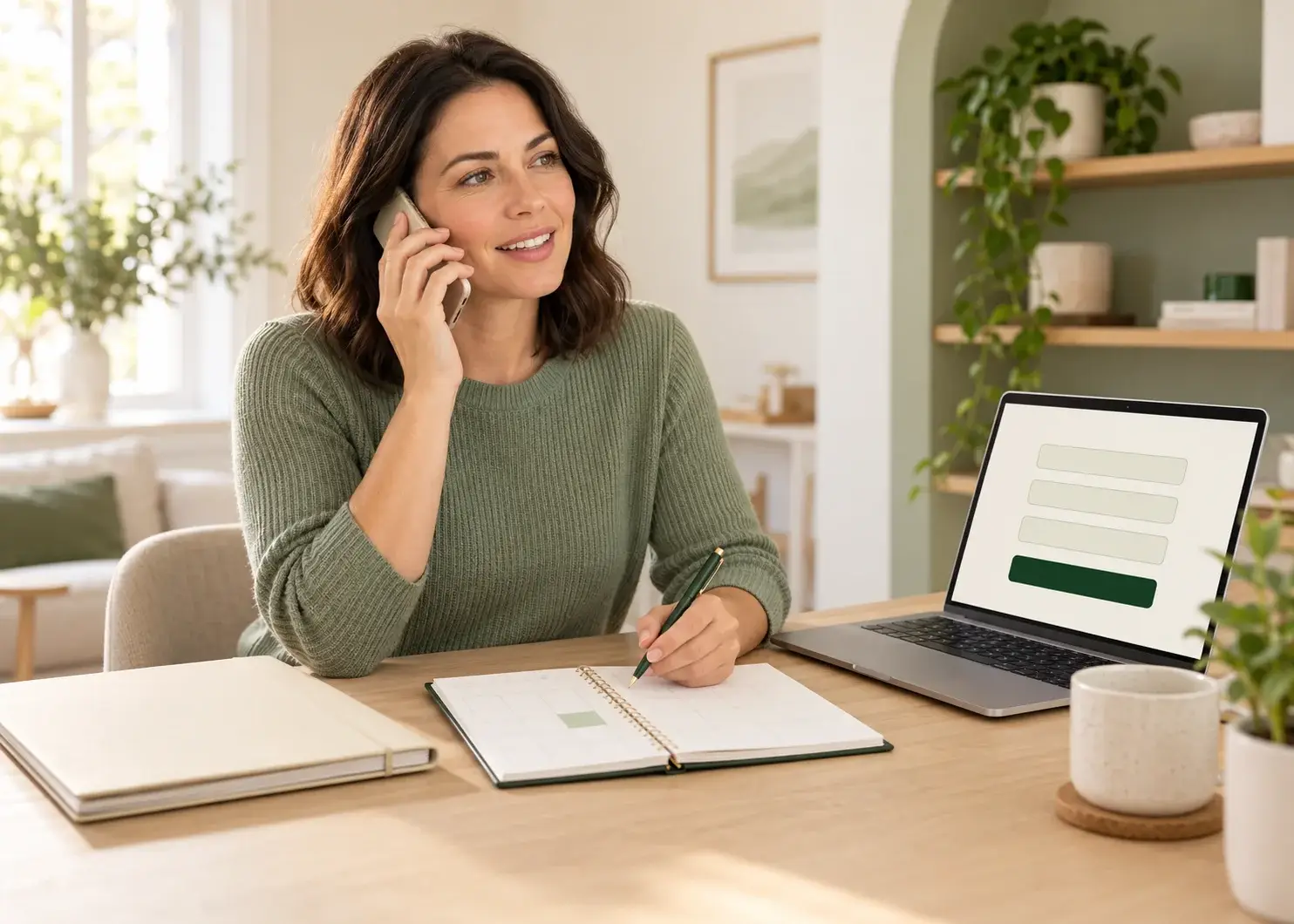 A woman speaking on the phone with an open planner beside a laptop displaying a simple booking form.