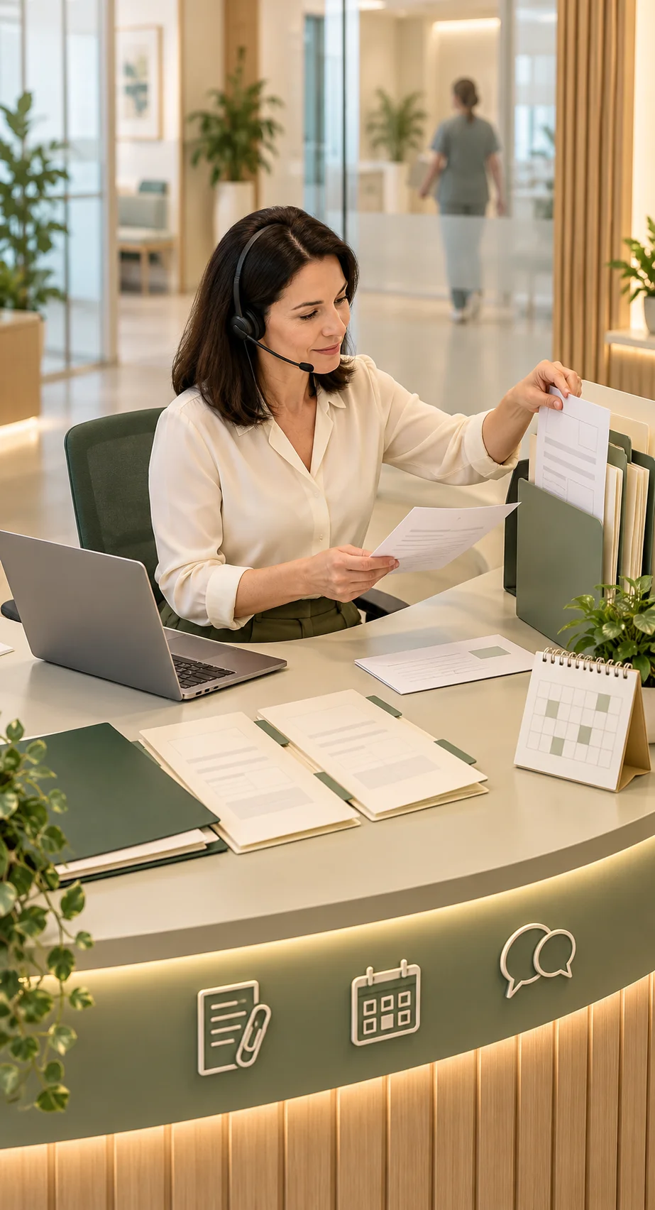 A support coordinator wearing a headset organises documents beside a laptop and appointment calendar at a clinic desk.