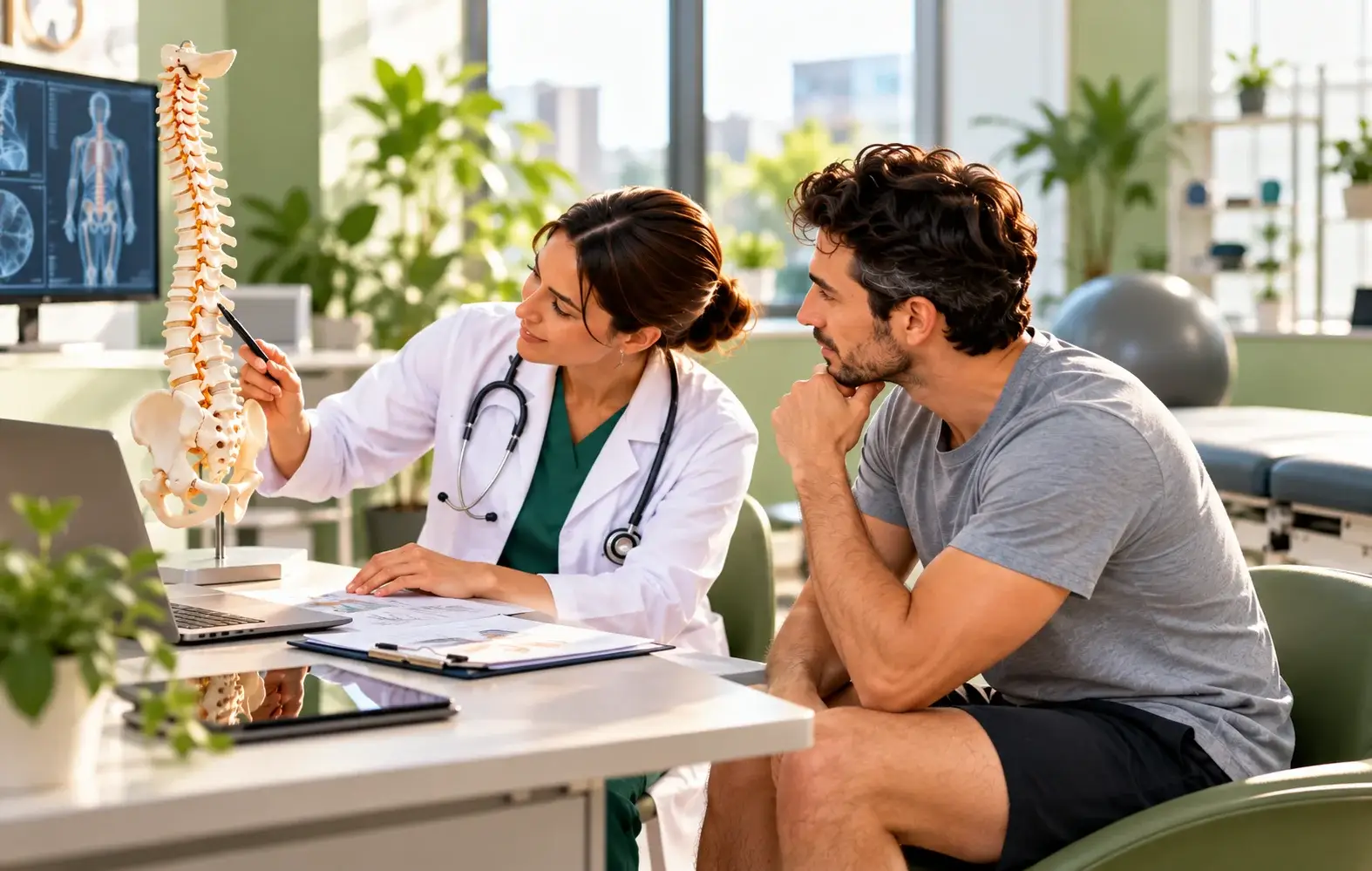GP conducting a clinical injury assessment and discussing a personalised recovery plan with a patient in Sydney.