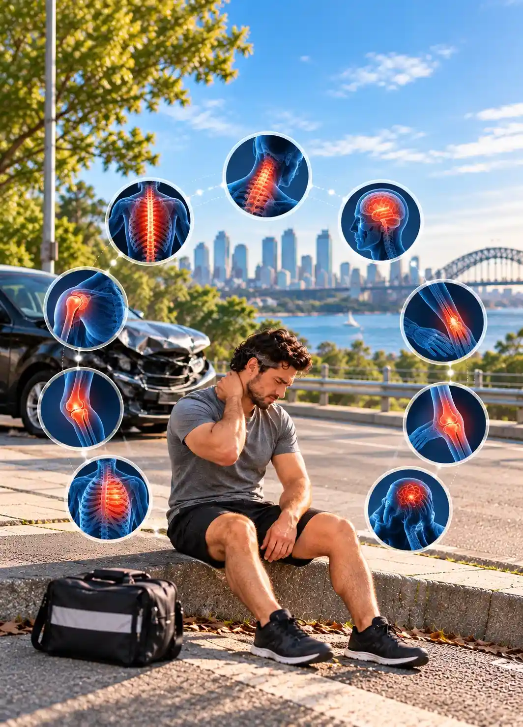 Common motor vehicle accident injuries affecting the neck, spine, head, shoulders, limbs and chest after a road accident.