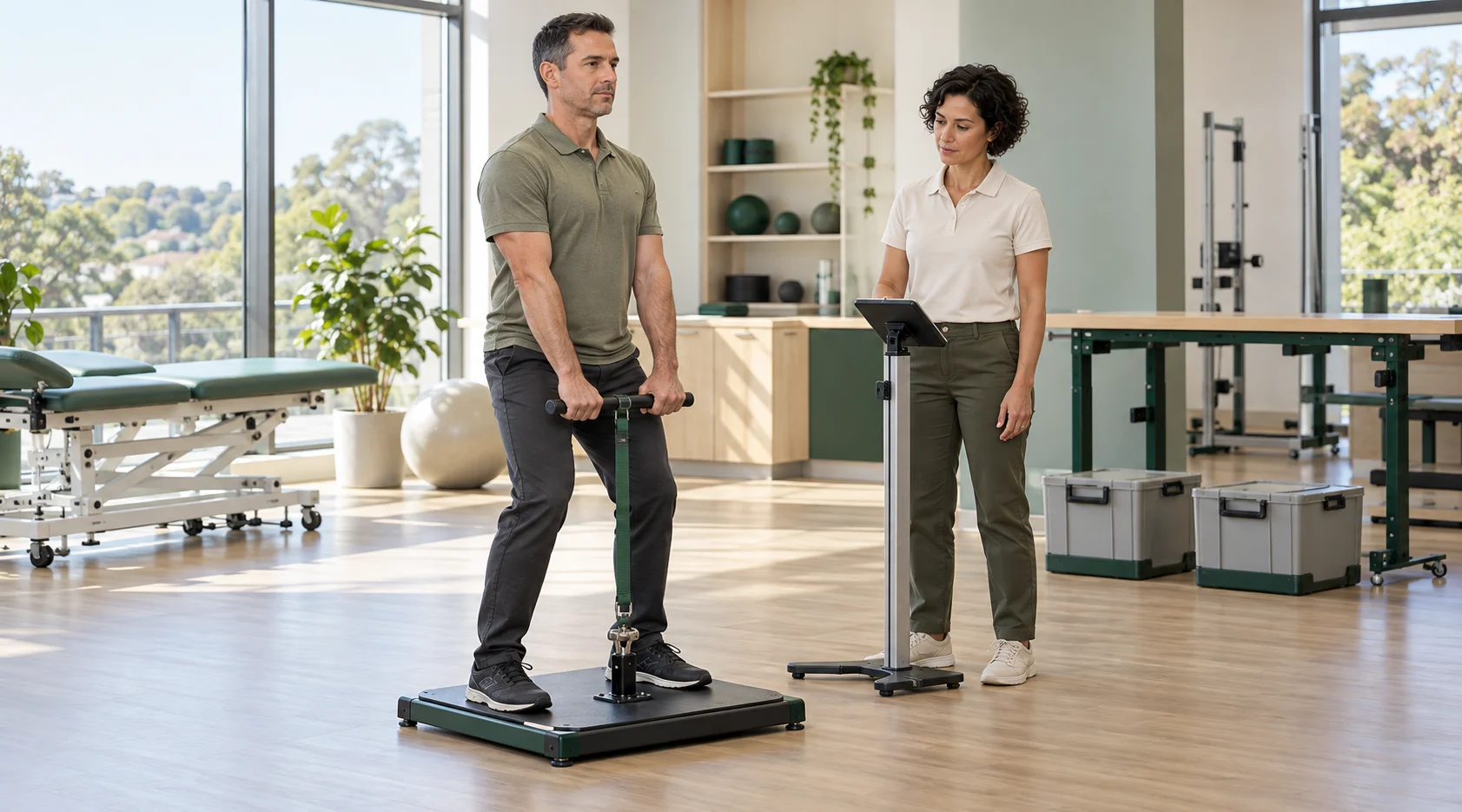 A man performing a standing strength assessment on a testing platform while a clinician observes his posture and monitors the test.
