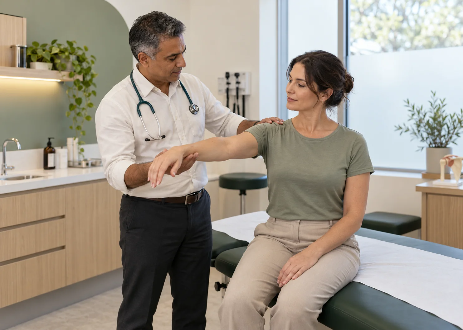 A GP assessing a seated patient’s shoulder movement while supporting her arm during an in-person examination.