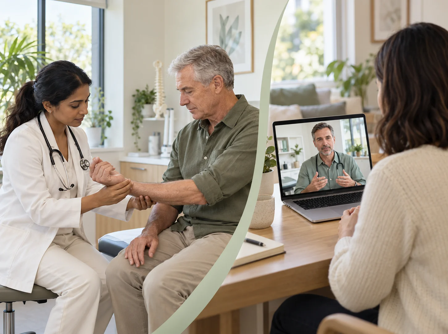 A GP examining a patient's wrist in a clinic alongside a woman consulting a doctor by video call from home.