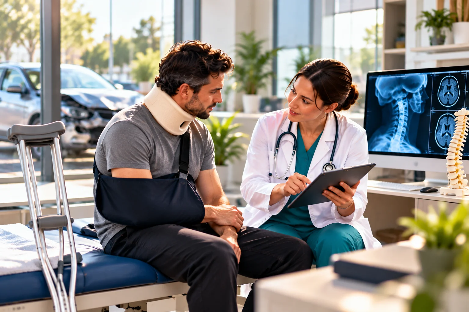 Doctor assessing a patient after a motor vehicle accident and planning treatment for accident-related injuries in Sydney.