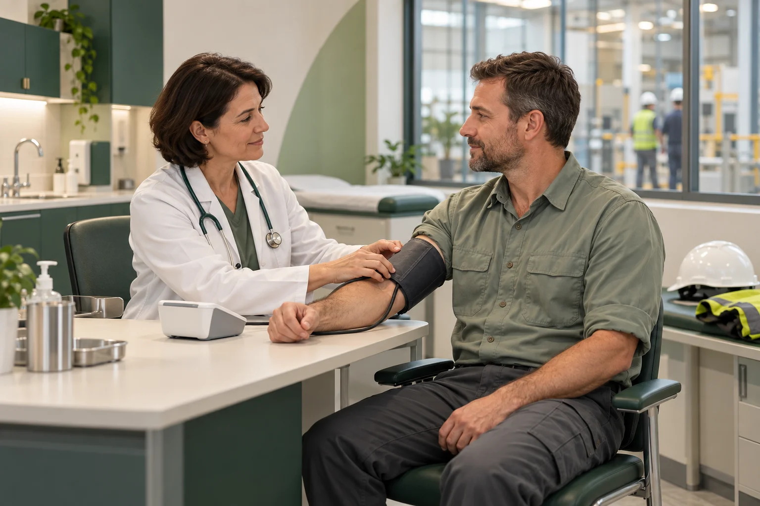 An occupational health clinician checking a worker’s blood pressure in a medical room overlooking a workplace.