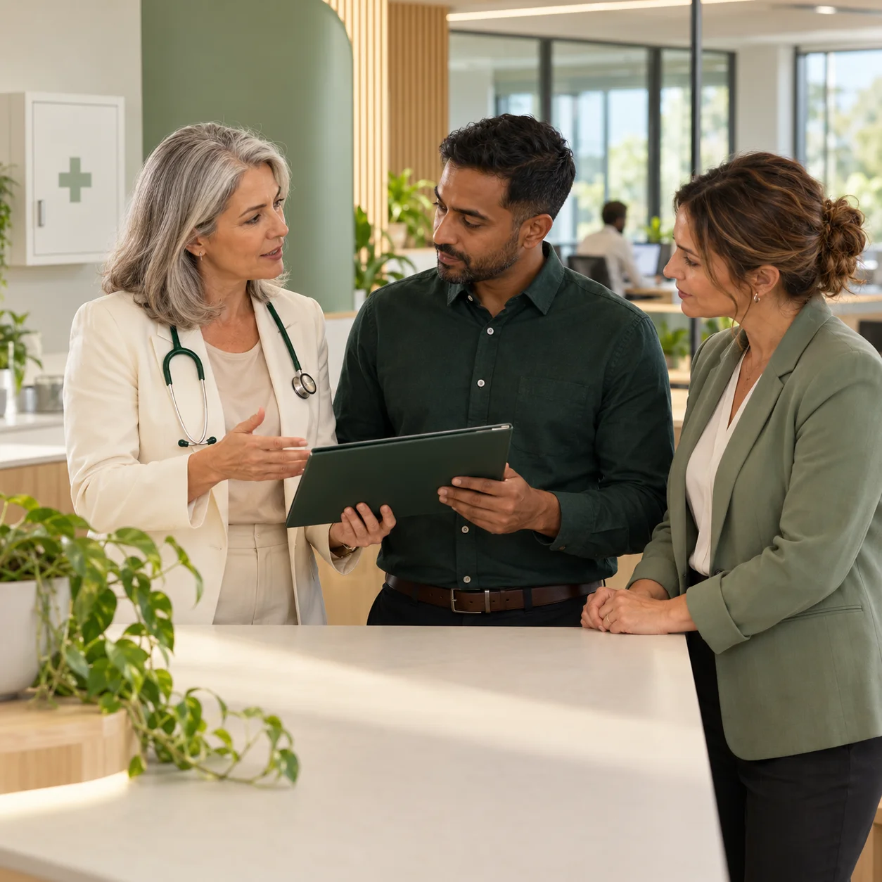 An occupational health clinician discussing employee health support with two workplace representatives in an office.