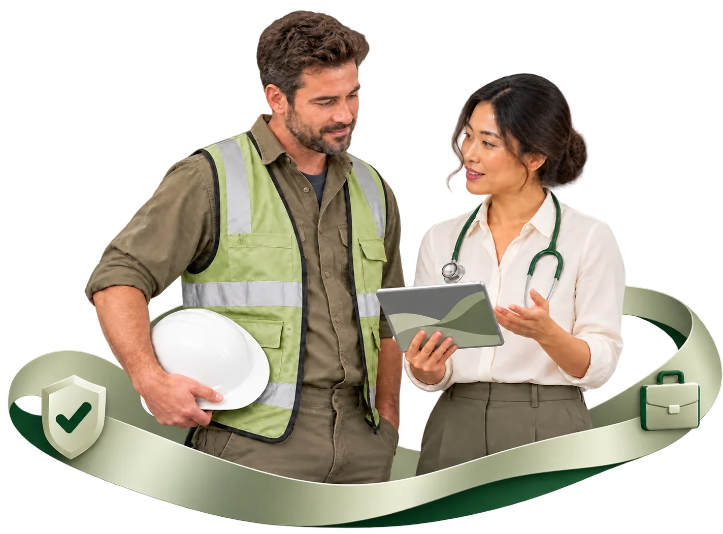An occupational health clinician discussing a tablet with a worker holding a hard hat, alongside safety and work symbols.