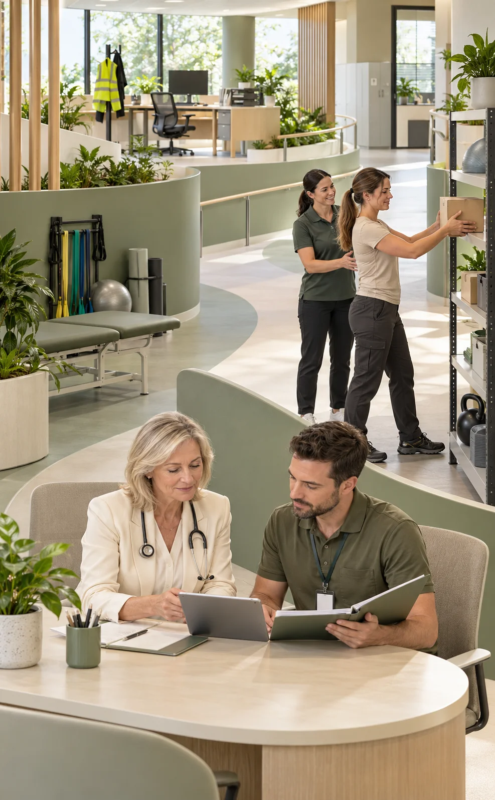 Healthcare professionals reviewing a care plan while a patient practises a supervised functional task in a rehabilitation setting.