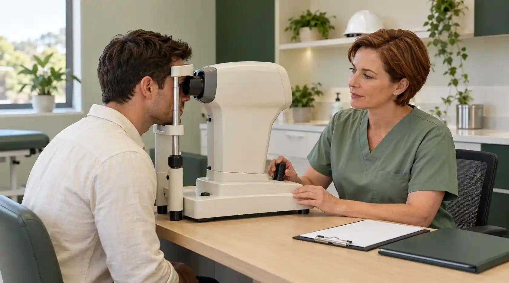 A healthcare professional conducting a vision assessment for a job candidate using a tabletop screening device.