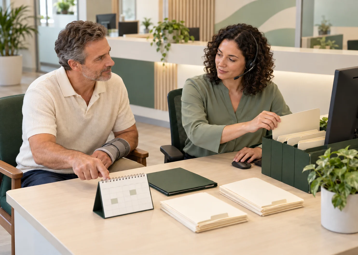 A patient wearing a wrist brace discussing an appointment calendar with a support coordinator organising documents at a desk.