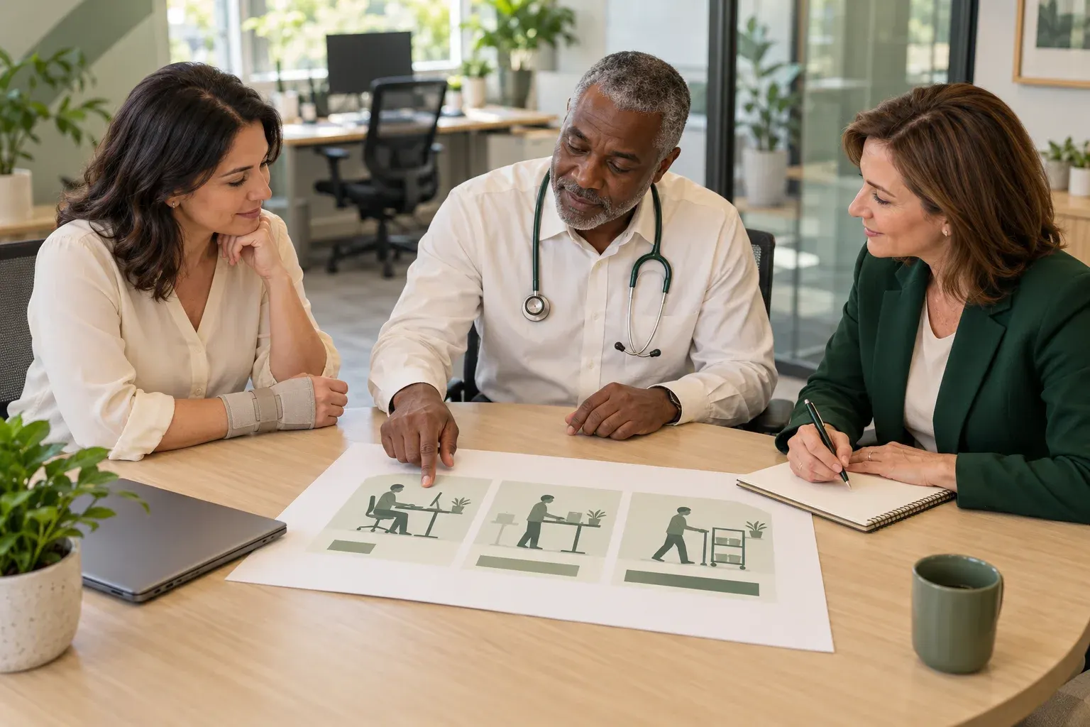 A doctor, an employee wearing a wrist brace and a workplace representative discussing a phased return-to-work plan.