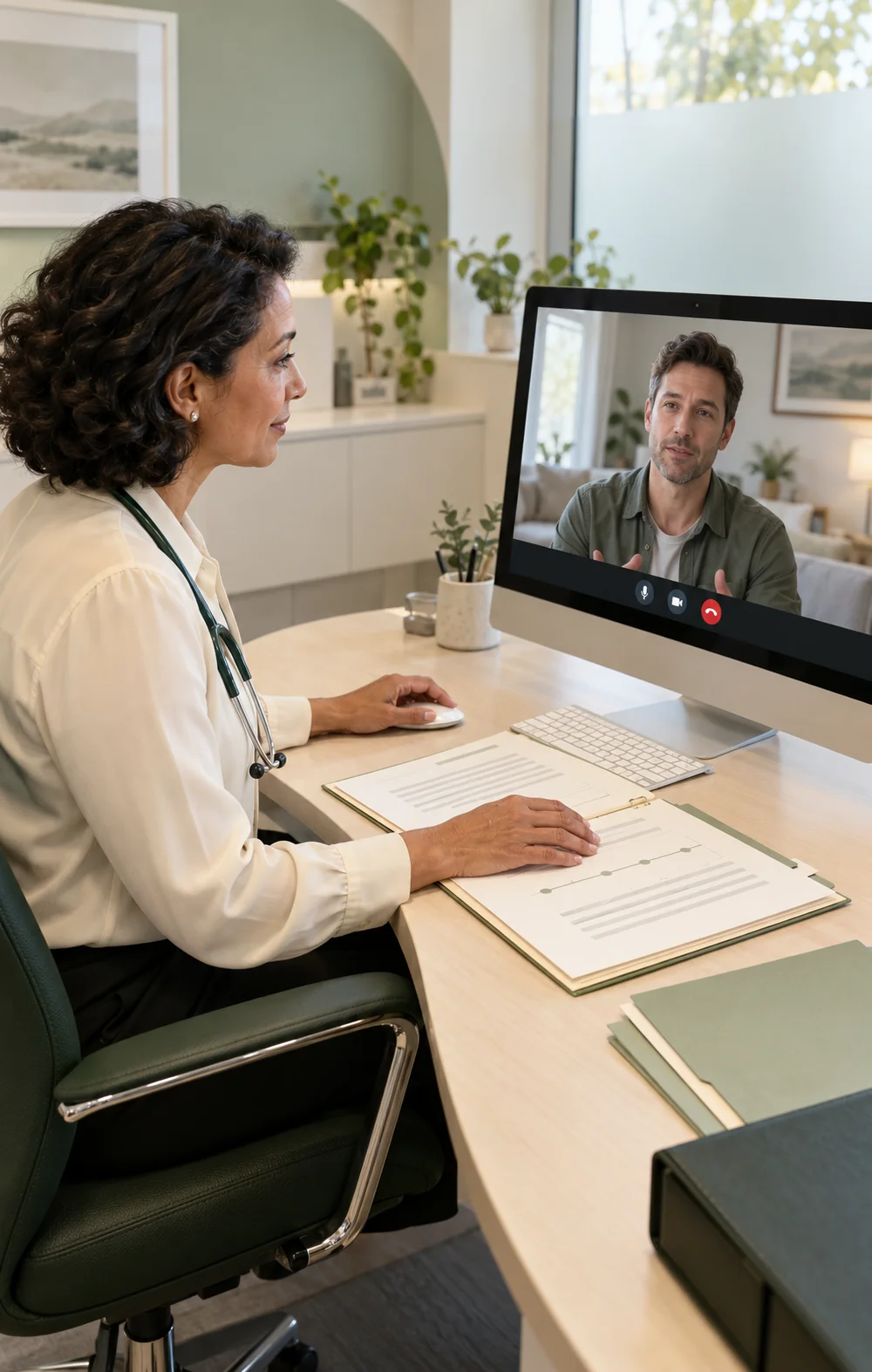 A GP reviewing an open treatment folder while speaking with a patient by video call on a desktop computer.