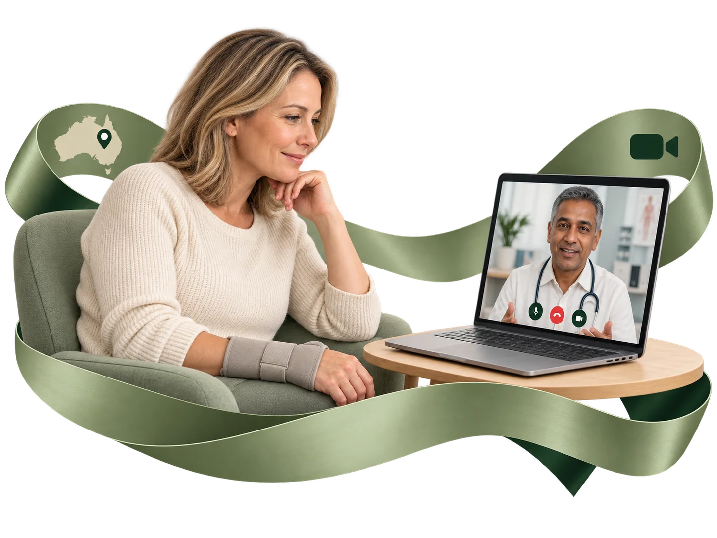 A woman wearing a wrist brace consulting a GP by video call on a laptop, with an Australia map and video symbol.